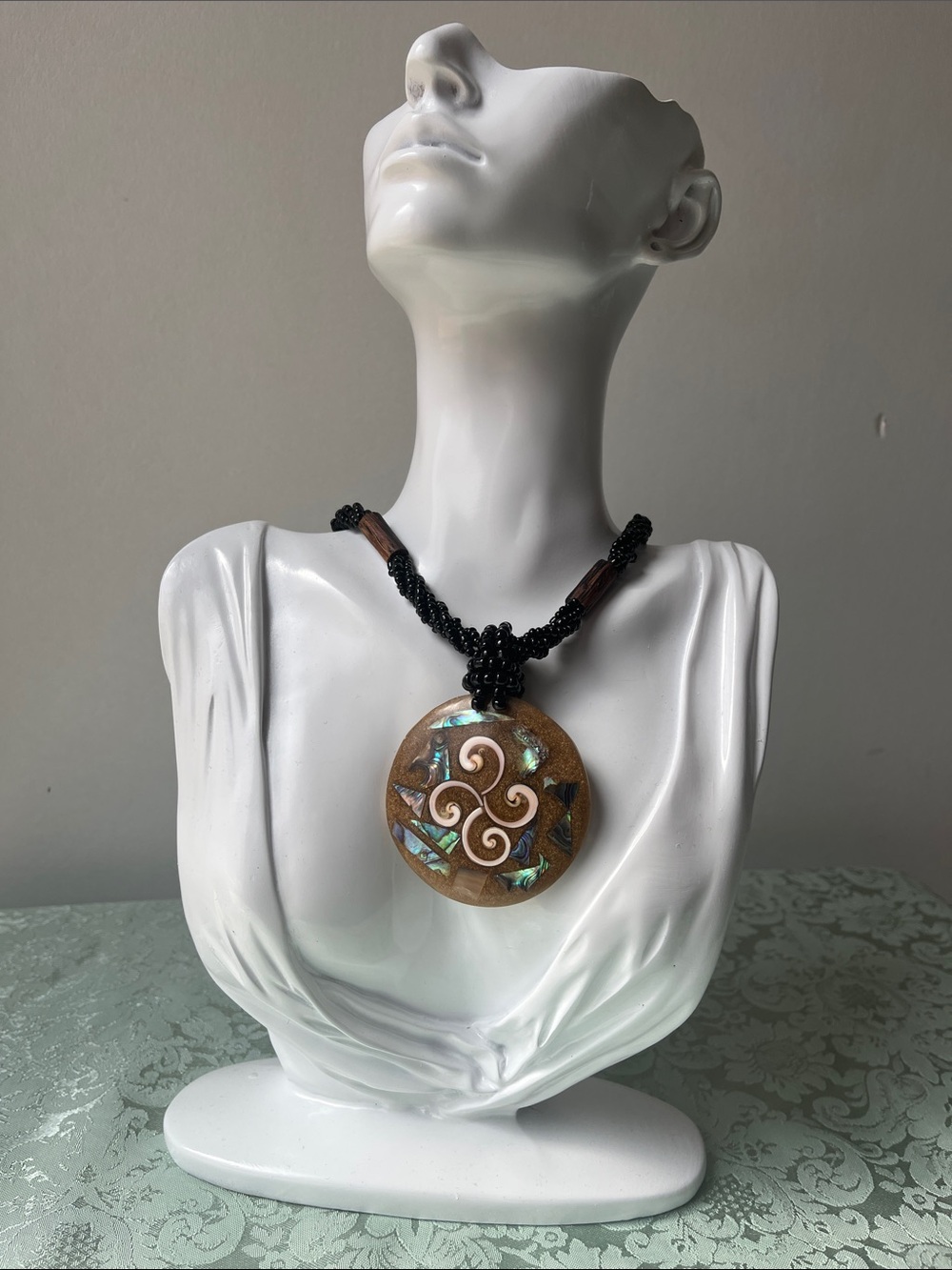 Handcrafted Resin Mosaic Pendant Necklace Abalone & Mother of Pearl Spiral Inlay